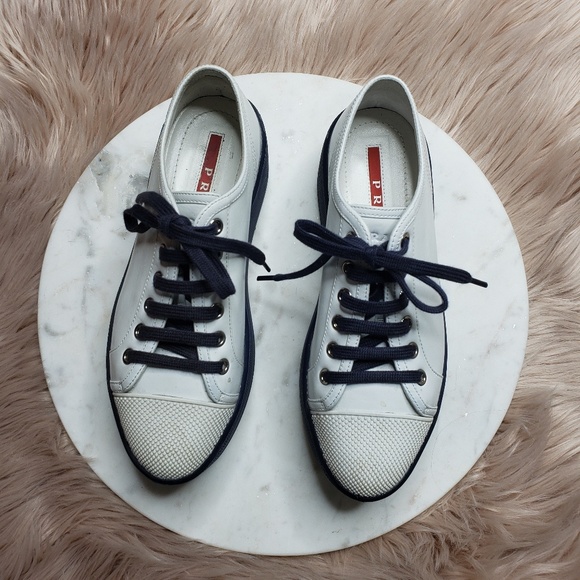 Prada Linea White & Navy Platform Sneakers - Picture 3 of 8